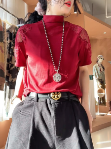 QINGNAER | Minimalist Red Half-Neck Short Sleeve Shirt
