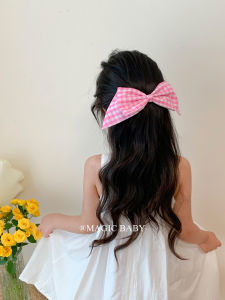 Large Size Pink Plaid Hair Clip for Girls Sweet Butterfly Knot Spring Back Clip Versatile Hair Accessories for Kids