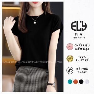 Áo phông nữ tay lỡ form rộng cổ tròn màu trắng đen đẹp Áo thun nữ tay hến kiểu basic cổ tròn chất cotton co giãn 4 chiều cao cấp vừa xinh ELY210