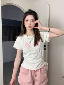 Áo Thun Nữ Tay Ngắn Họa Tiết Bướm Xếp Ly in Họa Tiết Cotton Cạp Cao Ôm Vừa Vặn Mùa Hè 2024