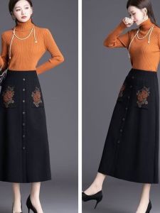 Soft Elastic Knitted Sweater Skirt Mid-Length A-Line Midi Skirt Embroidered Slimming Versatile Knee-Covering Chinese Style Skirt