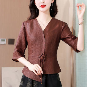 Red Cloud Silk Shirt Short Sleeve Asymmetrical Hemline Waist-Cinching Mommy Summer Fashion Brand Hangzhou Top Womens Clothing
