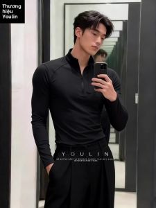 YOULIN | Mens Fitted Long Sleeve T-Shirt Half Zipper Stand Collar For Autumn Winter Cycling Badminton Training