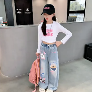JZ Girls Long Jeans Childrens Pants Cartoon Print. Trendy Fashion Style Wide Legs Cute Comfortable to Wear.