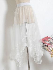 High Waist Single Layer Mesh Skirt Womens Mid Length Long Length Asymmetrical See-through Outer Wear Overskirt Transparent Tulle Skirt Gauze Skirt Summer