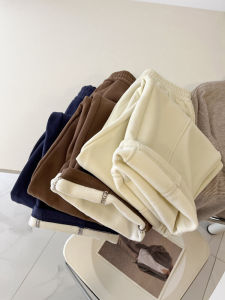 กางเกงขายาวทรงบีทีบล็อกหนาแบบมีขนแกะสำหรับผู้หญิงในฤดูหนาว กางเกงขายาวทรงขากระบอก เอวสูง ทรงหลวม ทรงตรง