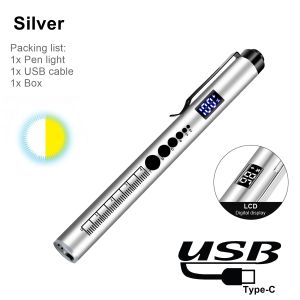LCD 2-in-1 LED Mini White/Yellow Pen light Flashlight USB Rechargeable Eyes pupil Lamp Camping Child Emergency lighting Torch