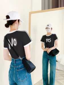 Color Block Short Sleeve Pure Cotton Printed T-Shirt Womens Summer New American Retro Spicy Black White Top Ins round Neck