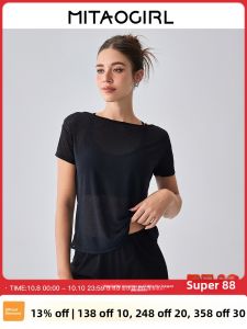 MitaoGirl Black Sports Cover up Womens Quick Dry Breathable Yoga Fitness Short Sleeve Top Thin Running Chest Length