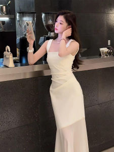 Váy Dài Không Tay Màu Trắng Kiểu Pháp Ôm Eo Mềm Mại Cho Nữ Mùa Xuân Hè Mới Về Váy Lưới Xếp Ly Gợi Cảm Váy Chữ a Cổ Vuông