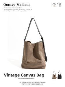 Canvas Bucket Bag Womens Casual Leather Tote Bag Retro Handbag Soft Polyester Lining Magnetic Buckle Closure Commuting Bag