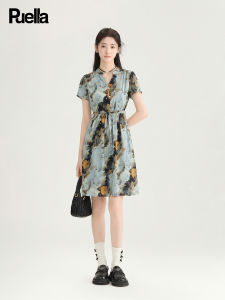 puella | French Style V-Neck Floral A-Line Waist Tied Dress
