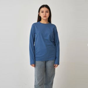 Kaos Polos Wanita Oneck Lengan Panjang Bahan Katun Combed 30s Warna Steel Blue