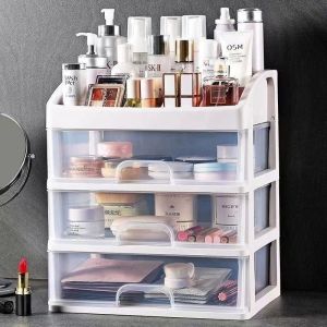 Desktop Makeup Organizer - Dustproof Drawer Style Storage Rack For Lipstick Skincare Masks & Brushes | Vanity Organizing Shelf
