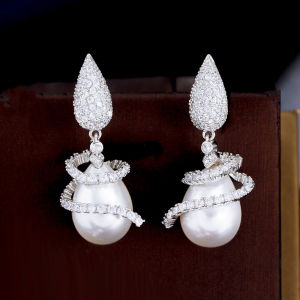 SEQUITO Designer White Gold Plated Full Paved Sparkling AAA Cubic Zirconia Drop Big Pearl Dangle Earrings Unique Women Banquet Prom Jewelry for Festive Gift SE765