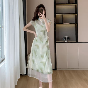 Elegant Green Chiffon Qipao Dress Womens Summer 2025 New Style Slimming Long Skirtish Short Sleeve Polyester Fiber Zipper