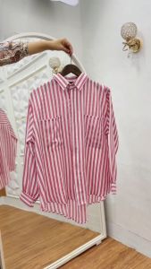 Aidi - Kemeja Salur Wanita Double Pocked - Atasan Wanita Oversize - Outfit Salur Wanita Kekinian - Kemeja Korean Style Wanita