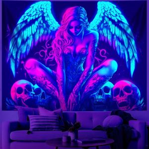 VIKAMA Radiant Angel Wing Tattooed Lady Skeleton UV Blacklight Tapestry Glow In Dark Wall Art Home Accent Decor Soft Durable