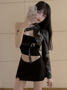 Fashionable Asymmetric Single Shoulder Leather Jacket Top And High Waist Slimming Short Skirt Set Street Style Ensemble