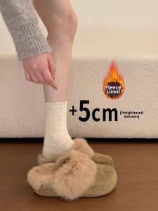 XUJIA | Thick Sole Height Increasing Rabbit Fur Lined Half Slippers Women Winter Outdoor Birkenstocks