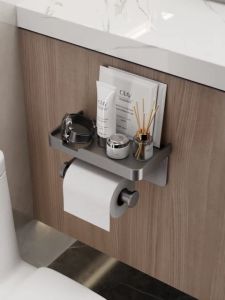 Tempat Tisu Dinding Bebas Bor Rak Tisu Kamar Mandi Tempat Penyimpanan Ponsel Space Aluminum Rack Tissue Holder