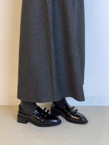 Black Butterfly Knot British Style Leather Loafers Womens Slip-On Commuter Thick Heel Single Shoes Cowhide Fashion Sneakers