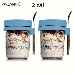 2PC 300ML Cốc Yến Mạch Qua Đêm Có Nắp Và Thìa Di Động Ăn Sáng Ngũ Cốc Hạt Sữa Chua Cốc Thân Thiện Với Môi Trường Hộp Bảo Quản Thực Phẩm Bằng Thủy Tinh