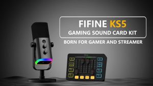 FIFINE AmpliGame KS5 Gaming Equipment Bundle Dynamic XLR/USB Gaming Microphone Set with Streaming Audio Mixer for Podcast Recording Video Vocal RGB Gamer Set with Volume Fader/XLR Interface for PC