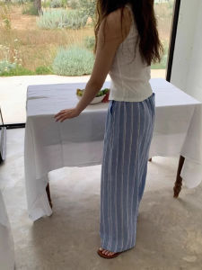 กางเกงขายาวทรงหลวมสบาย ๆ สีฟ้าลายทาง กางเกงขายาวทรงตรงสำหรับผู้หญิง ทรงสลิมฟิต กางเกงขายาวทรงตรง กางเกงขายาวทรงตรง