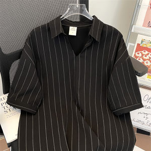 Summer Ice Silk Stripe V-Neck Short Sleeve Mens Shirt Loose Thin Vintage Hong Kong Style Casual Fashionable Youthful Top