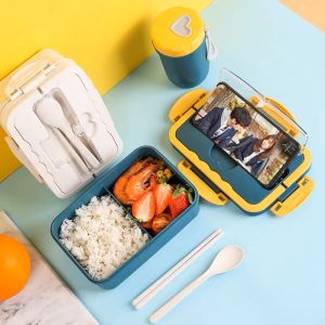 Lunch Box Set Kotak Bekal Makan Jerami Gandung Kotak Makan 1000ml Free Sendok dan Sumpit COD (CF-12) BPA Free / Kotak Bekel Tempat Makan Anak Sekolah 3 Sekat Anti Tumpah With Spoon Chopsticks Termurah Terlaris