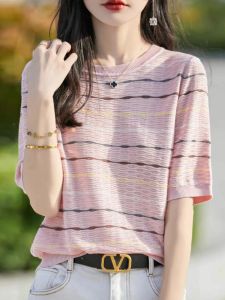 Áo Thun Dệt Kim Tay Ngắn Mùa Hè Cho Nữ Áo Thun Màu Sọc Dáng Rộng Cổ Tròn Chất Liệu Polyester Phong Cách Công Sở Dáng Rộng Thường Ngày