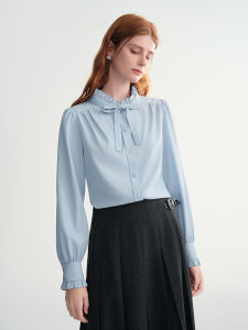 DUSHU | Plus Size Ruffled Blouse With Bubble Sleeves Tied Collar Shirt