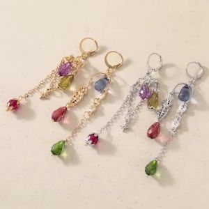 Bohemian Style Asymmetrical Multicolor Teardrop Artificial Gem Pendant Womens Earrings Suitable for Banquet and Dinner