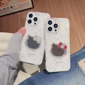 Sanrio | Kawaii Hello Kitty Diamond Makeup Mirror Phone Case For iPhone 17 16 15 14 13 12 11 Pro Max Plus Shockproof INS Girl Phone Cover