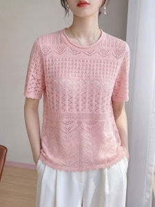 DONGYINUAN | Fashion Linen Tencel Lace Knit Short Sleeve Summer Round Neck Refreshing T-Shirt