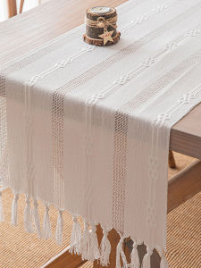 Japanese Style Simple Striped Tassel Table Flag White Hollow out 3D Embroidery Tablecloth Dining Table Cover Cloth Coffee Table Decoration Dining Mat
