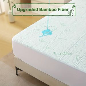 1Pc Cooling Bamboo Fiber Mattress Protector -Waterproof & Ultra-Soft Knit Breathable Fitted Sheet with Blue Leaf Design