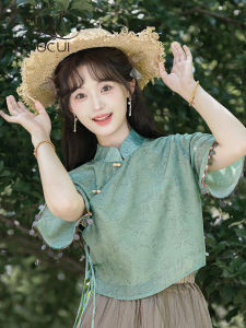 New Chinese Style Green Loose Womens Shirt Zen Spirit Tea Costume Summer 2025 New Arrival Chinoiserie Fashion Top
