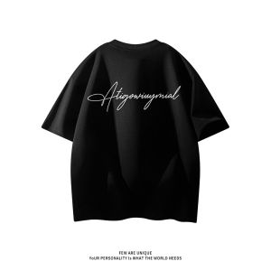 เสื้อยืดแขนสั้นผู้ชายพิมพ์ลายตัวอักษรสไตล์อเมริกัน สีดำ ทรงหลวม ฤดูร้อน คู่รัก เสื้อยืดคอตตอน ทรงหลวม แขนสั้น