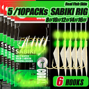 TAKBAS 5/10 Packs Sabiki Rigs Fishing Flasher Bait Rigs Glow Fishing Beads High Carbon Hooks For Freshwater And Saltwater