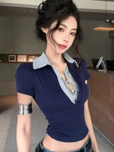 GUZILIAN | Summer New Style French Retro Splice Lace Color Block POLO Neck T-Shirt Womens Top Korean Style Slim Fit Short Length Five Sleeve