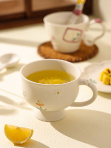 Large Capacity Ceramic Mug Office Water Cup Womens Breakfast Oats Yogurt Cup High Aesthetic Value Green And Dots Style