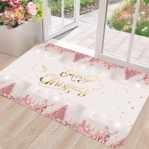 VIKAMA Pink Minimalist Christmas Floor Mat Festive Vibe Indoor & Outdoor Entrance Carpets Bathroom Anti-Slip Mat Home Decor