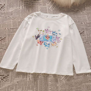 Loose Long Sleeve Pokemon Eevee Girls T-Shirt Cartoon Top for Children Breathable round Neck Design Spring Autumn Winter