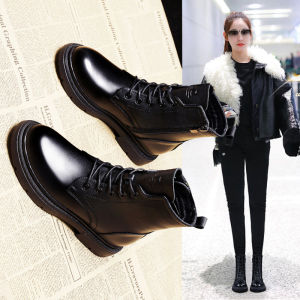 Genuine Leather Martin Boots Womens Winter Fleece Lined Short Boots Cross Buckle Snow Boots round Toe mid Heel Rubber Sole