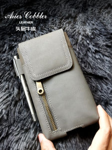 7-Inch Double Layer Genuine Leather Belt Phone Bag Waist Bag for Men Thin Workwear Hipster Pouch Vintage Style