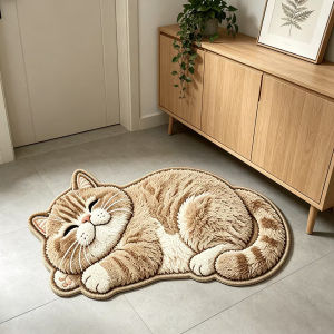 VIKAMA 3D Realistic Cat Shape Fluffy Rug Non Slip Washable Floor Mat Cute Animal Doormat Bedroom Living Room Pet Home Decor