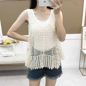 เสื้อกั๊กถักสไตล์วินเทจหลวมๆ สำหรับผู้หญิงในช่วงฤดูร้อน ดีไซน์เปิดหลังแบบไม่มีแขน เสื้อคลุมแฟชั่นที่สวมใส่สบาย