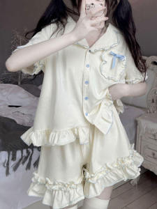 ชุดนอนผู้หญิงแขนสั้นสไตล์หวาน คอลเลกชั่นฤดูร้อน ชุดนอนผู้หญิงผ้าฝ้ายผสมโพลีเอสเตอร์ คอกลม สไตล์เจ้าหญิง